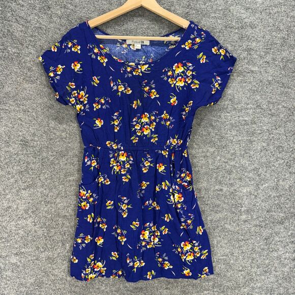 Forever 21 Blouse Women S Small Blue Floral Short Sleeve Rayon Round Neck Casual - Picture 1 of 7